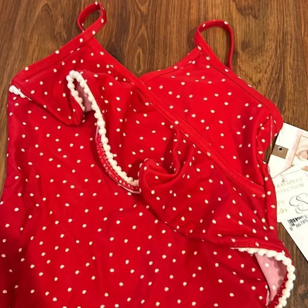 NWT Jessica Simpson red polkadot ruffle bathing suit 2T